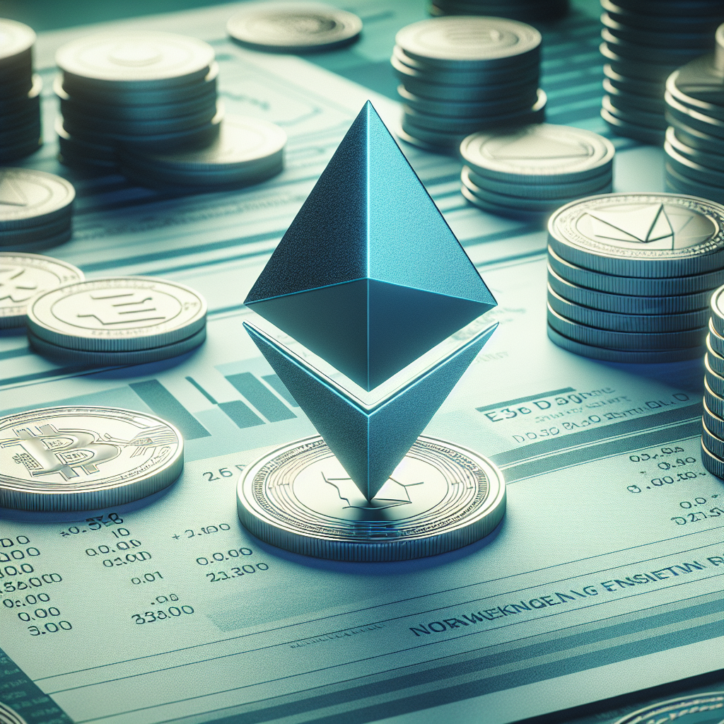 Stilisert illustrasjon av Ethereum-symbol over norske økonomiske dokumenter og mynter, blå-grønne toner, moderne og seriøs stil