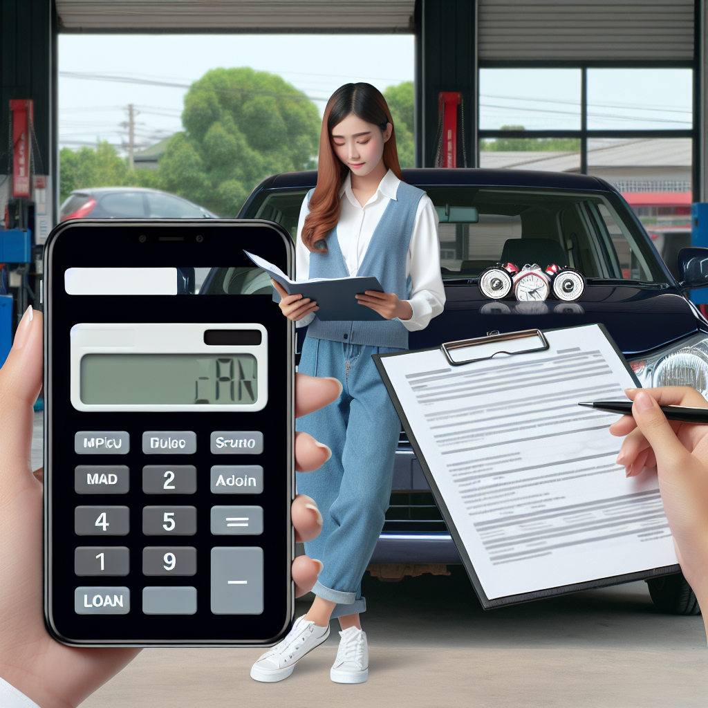 Moderne bruktbil foran verksted, person med dokumenter og smarttelefon som viser lånekalkulator, realistisk, dagslys