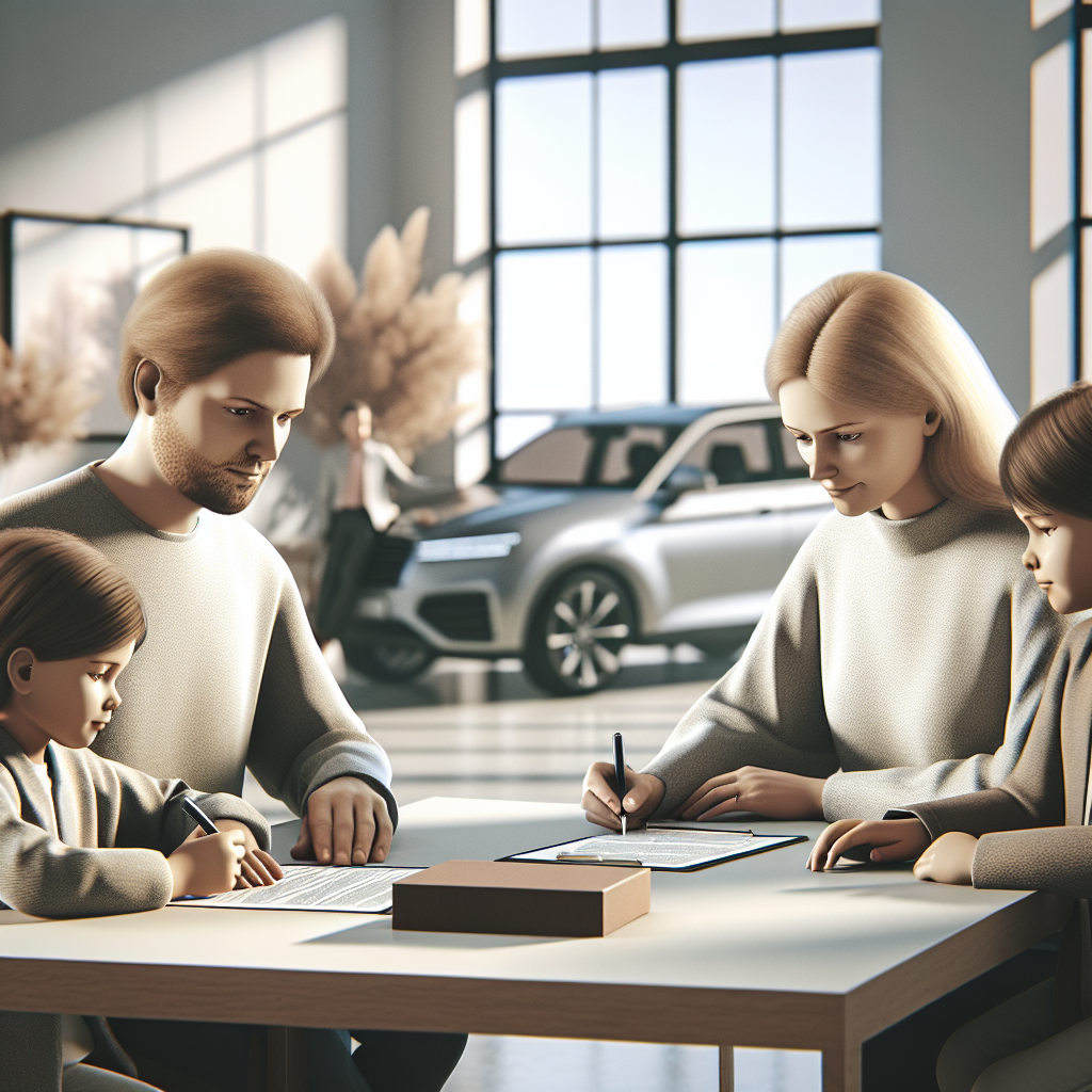 Nærbilde av en familie som signerer lånepapirer ved et bord, bil i bakgrunnen, moderne og trygt uttrykk, nøytrale farger, nordisk stil