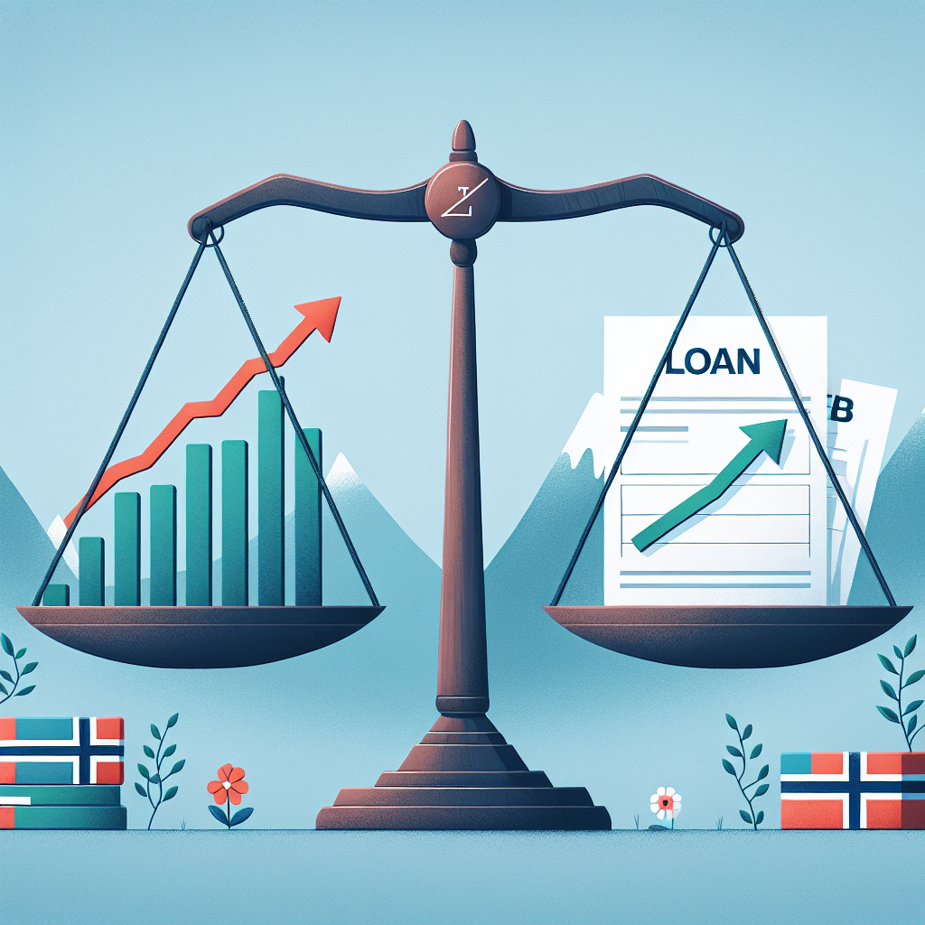 Illustrasjon av en balanserende vekt med aksjediagram på den ene siden og lånepapirer på den andre, moderne stil, norsk kontekst, rolig fargepalett