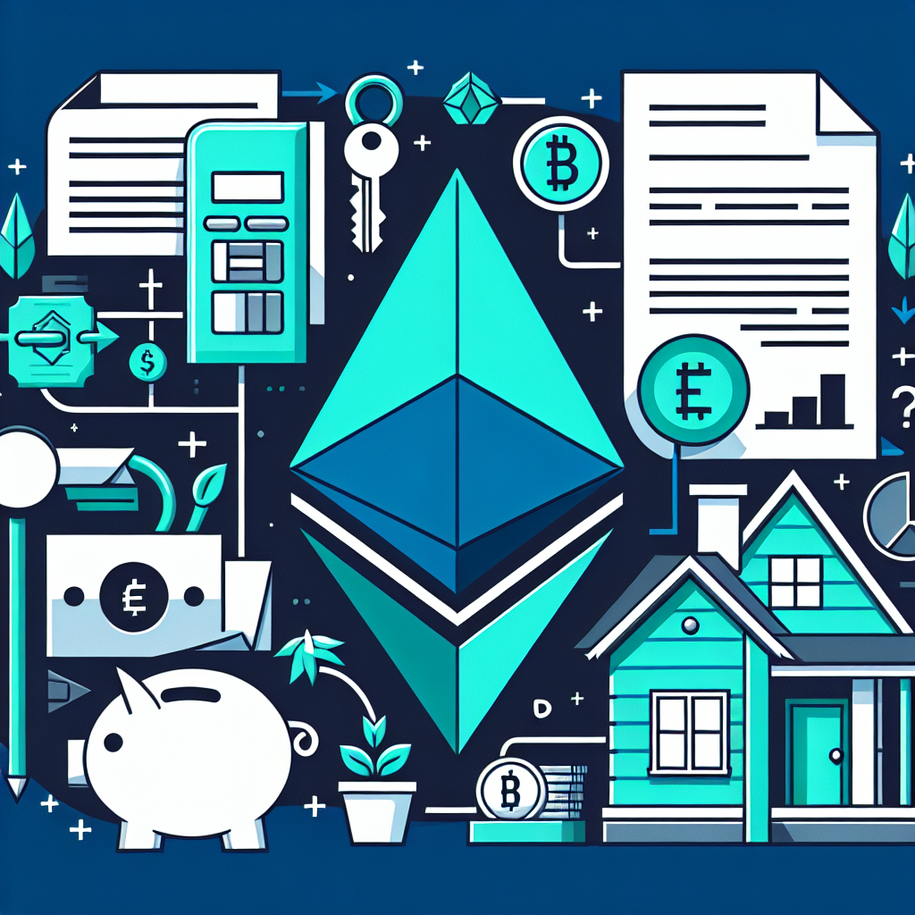 Illustrasjon av Ethereum-symbol kombinert med norske økonomi-ikoner: hus, sparegris og lånepapirer, stilisert, moderne og profesjonell