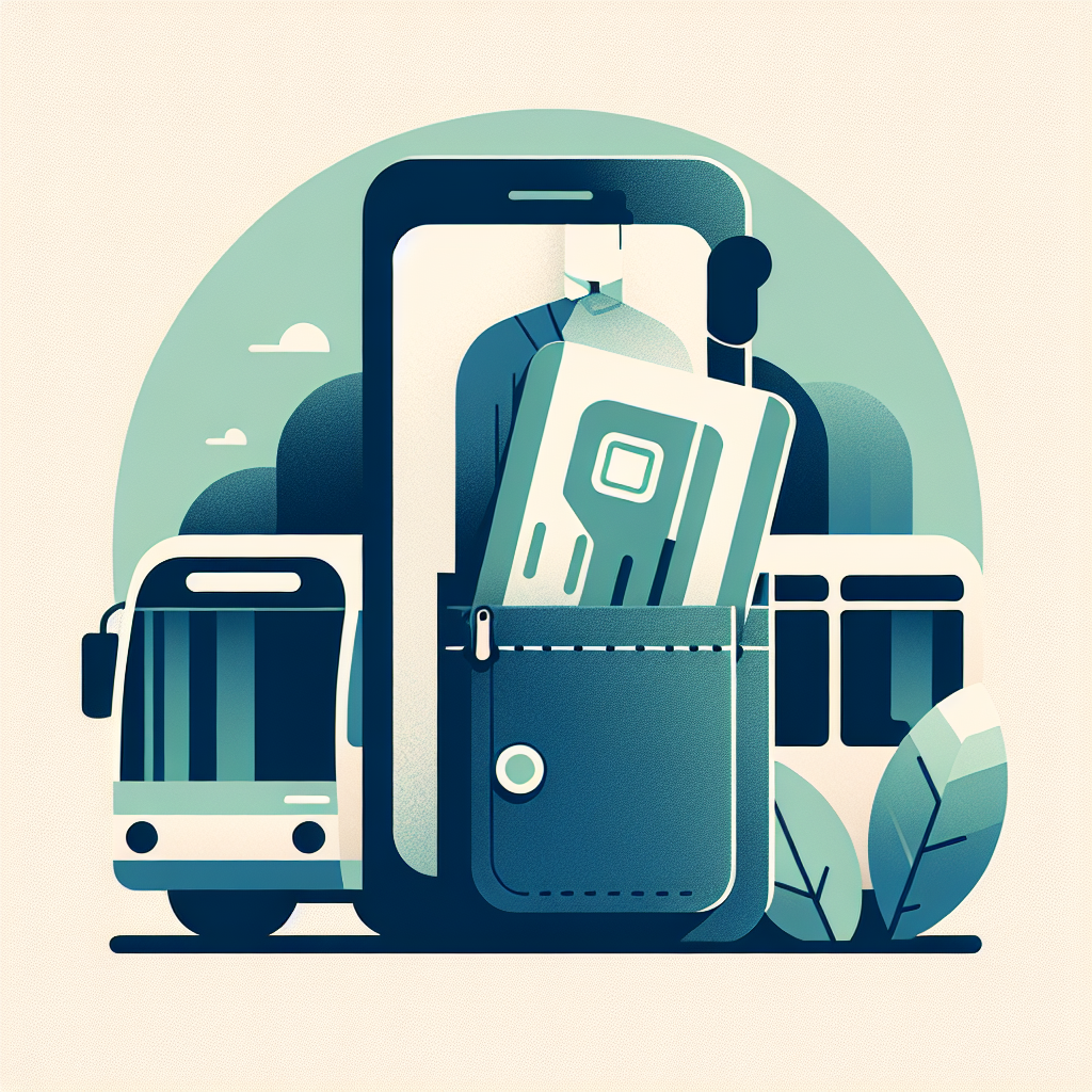 En moderne pendlers lomme med et digitalt reisekort på smarttelefonen, bybuss i bakgrunnen, nøytrale blå og grønne farger, minimalistisk stil