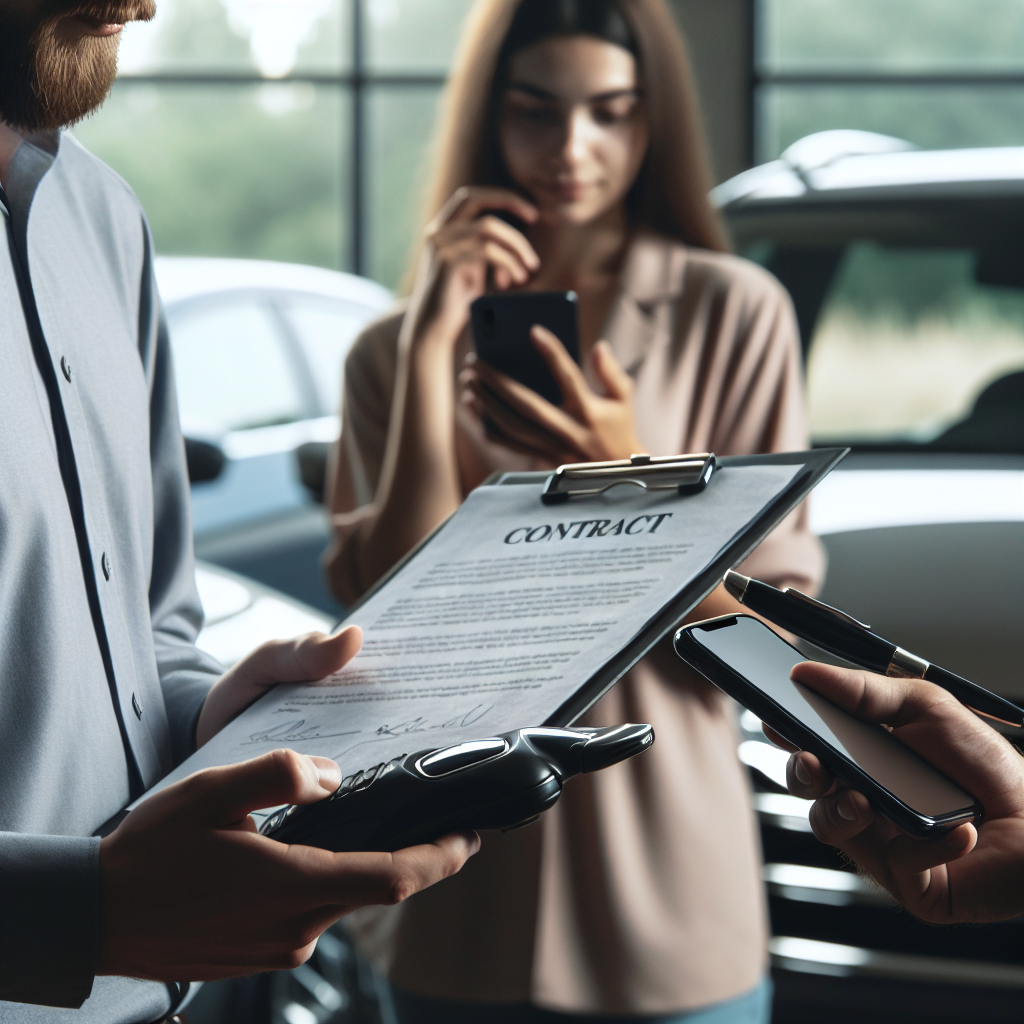 Nærbilde av en bruktbil ved salg: kjøper og selger med kontrakt og mobil, nøytral dagslys, profesjonell og tillitsvekkende stil